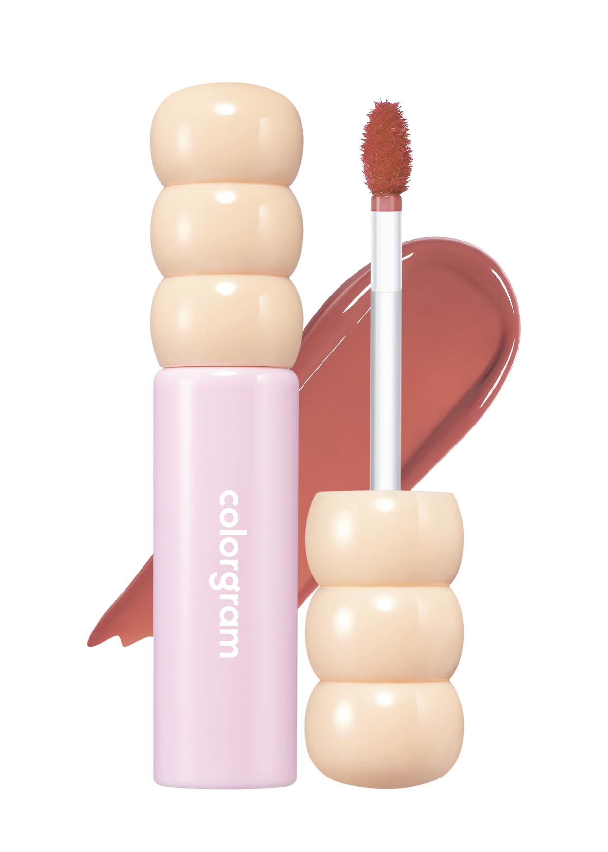 COLORGRAM Fruity Glass Tint 05 Soft Persimmon bottle close-up shows glossy color on lips.