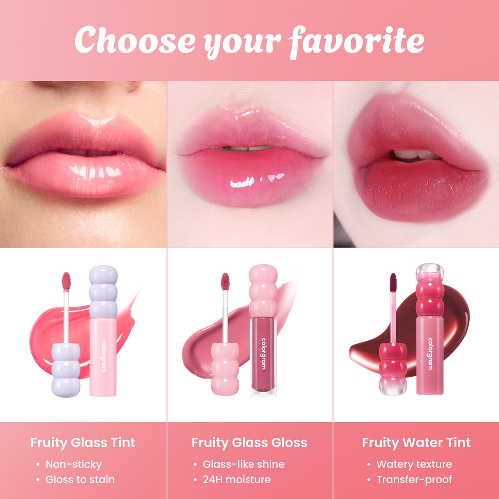 COLORGRAM Fruity Glass Tint 19 Plum Bomb on lip shows creamy, non-sticky texture.