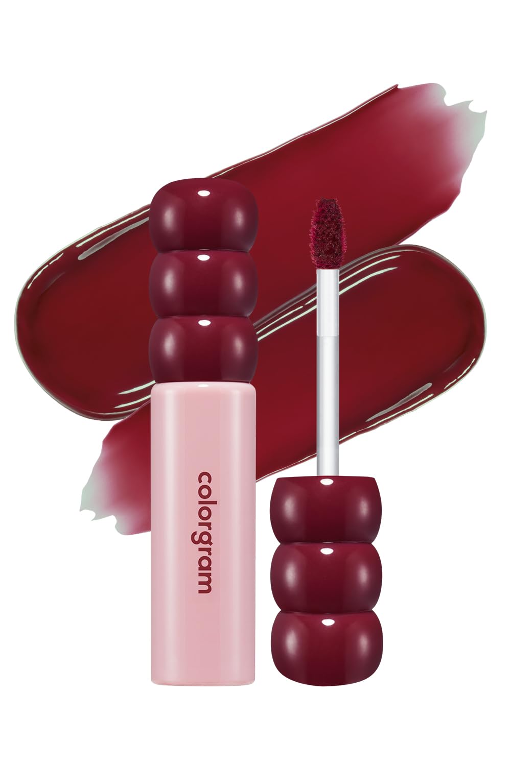 COLORGRAM Fruity Glass Tint 19 Plum Bomb swatch shows bold plum color and glass-like shine.