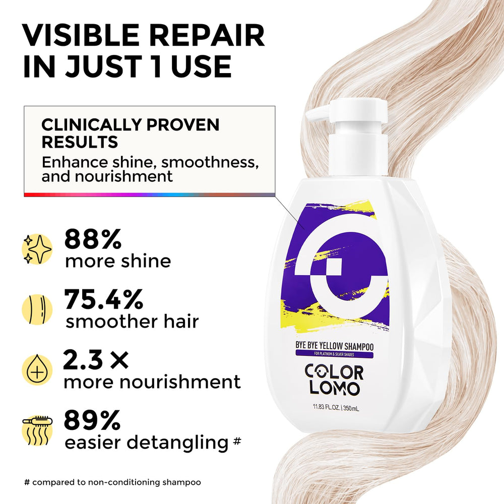 COLORLOMO Bye Bye Yellow Shampoo color-toning action neutralizes brass tones.