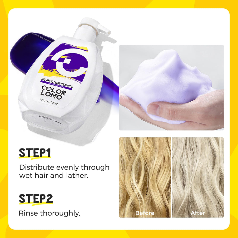 COLORLOMO Bye Bye Yellow Shampoo suggests a home salon ritual.