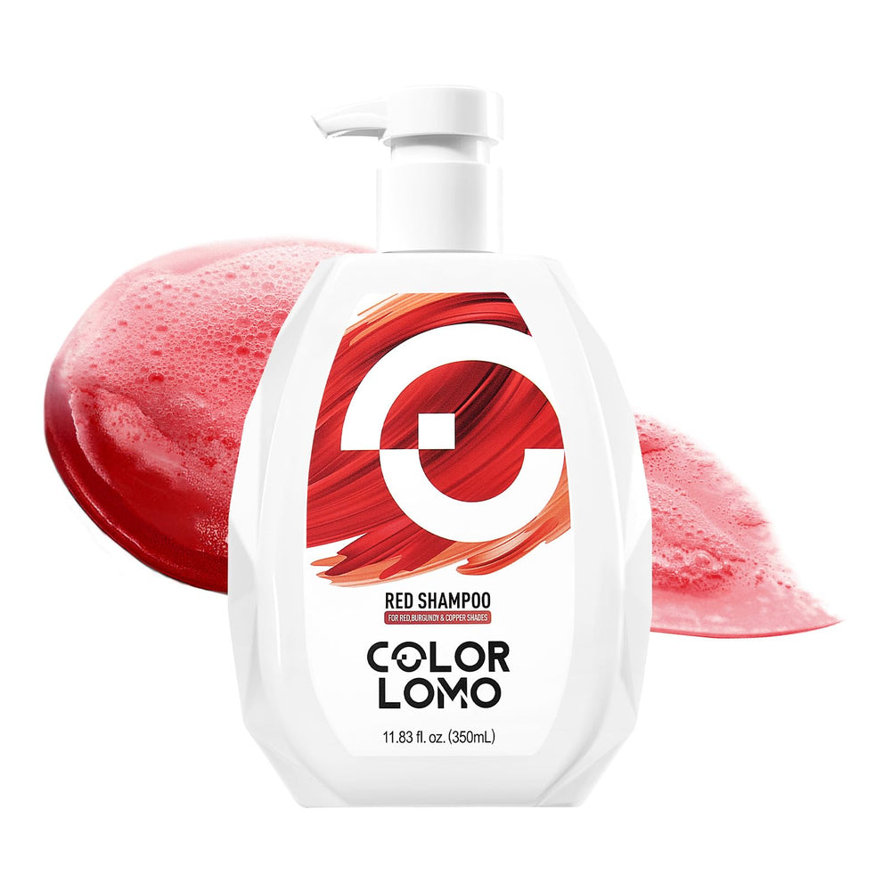 COLORLOMO Ultra Color Safe Shampoo bottle pouring to protect red hair color and shine.