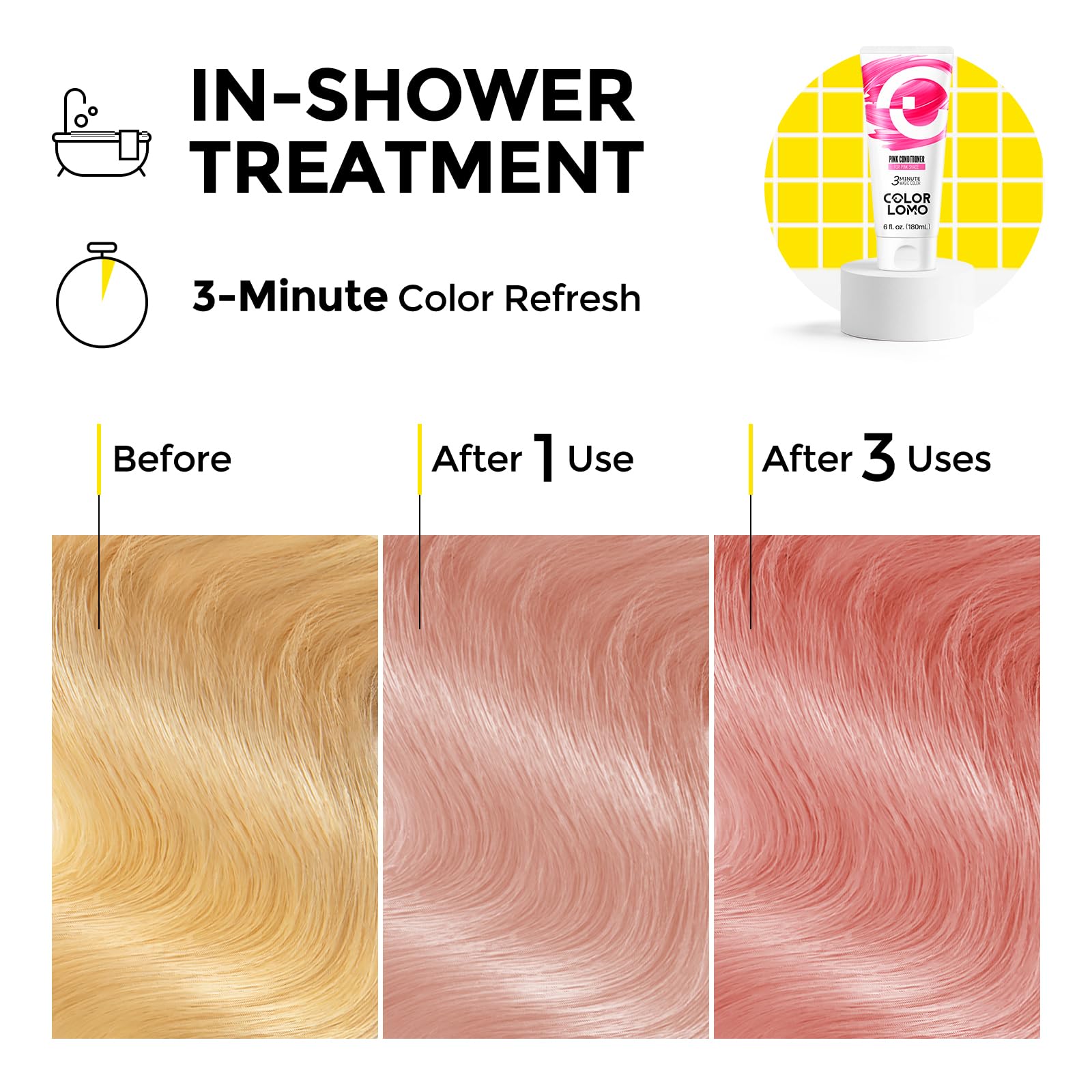 COLORLOMO wet hair daily use application demonstrates a 3 minute color maintenance
