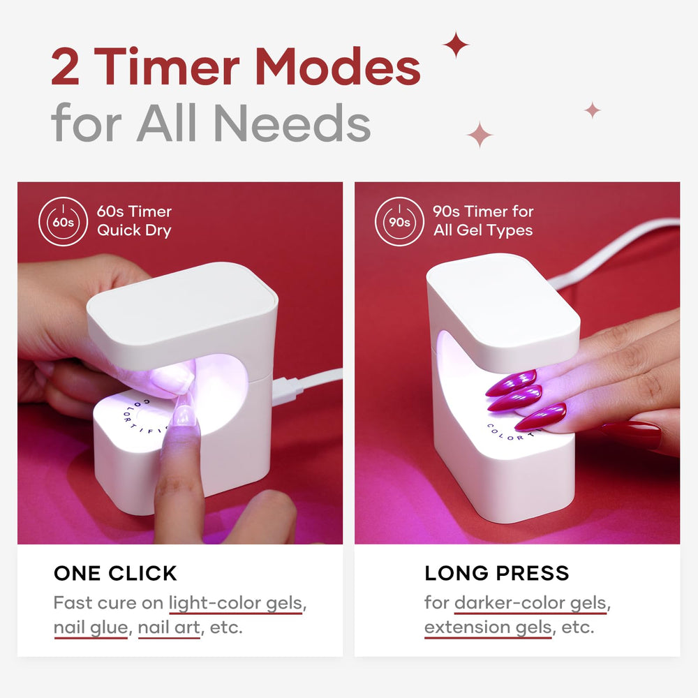 COLORTIFIC Mini UV Light shows two timers for flexible curing options.