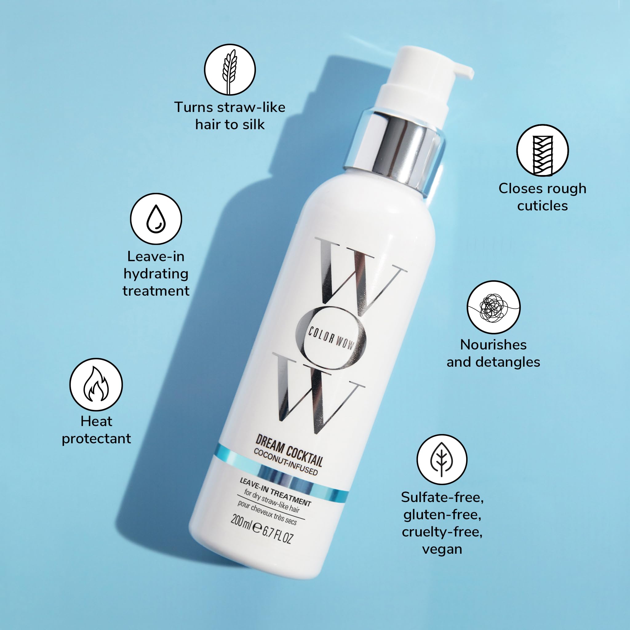COLOR WOW Dream Cocktail on hair application shows smoothing before blow-dry.