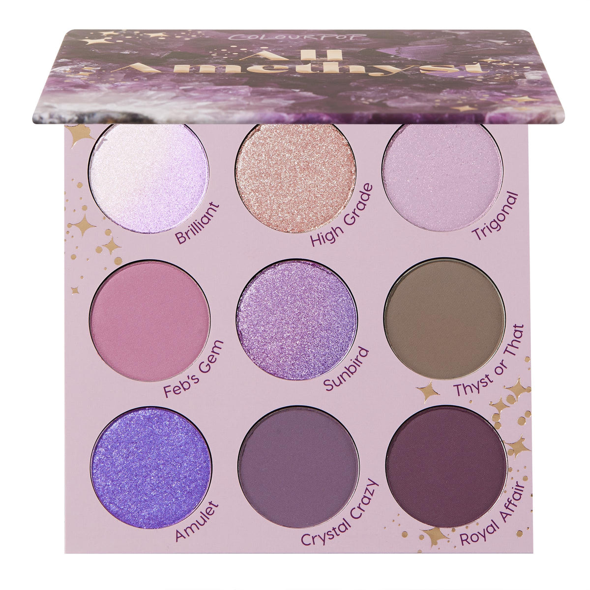 ColourPop All Amethyst palette swatches: rich amethyst shades for vibrant purple eye looks.