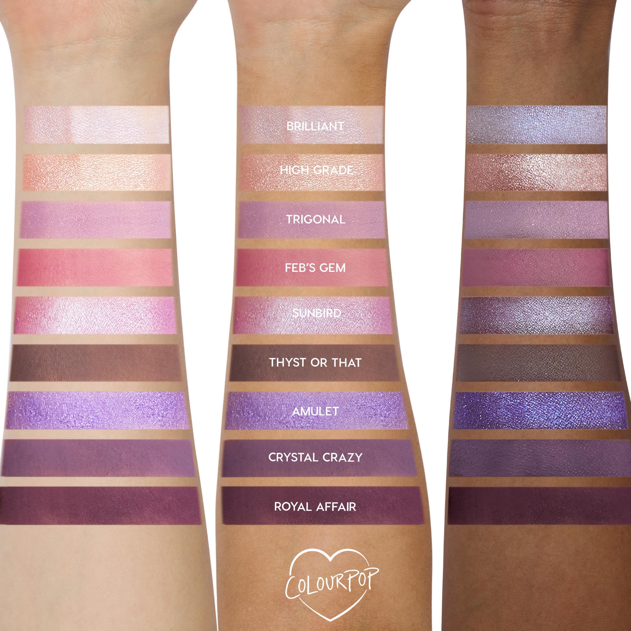 ColourPop All Amethyst metallic-opalescent finish swatches for luminous eyes.
