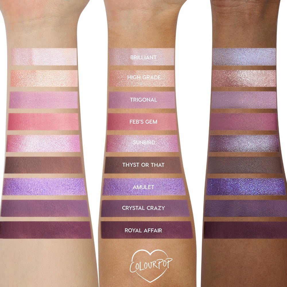ColourPop All Amethyst metallic-opalescent finish swatches for luminous eyes.
