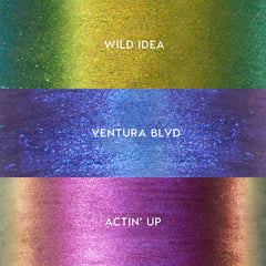 ColourPop BFF Creme Gel Eyeliner Wild Idea swatch shows lime to teal chrome payoff.