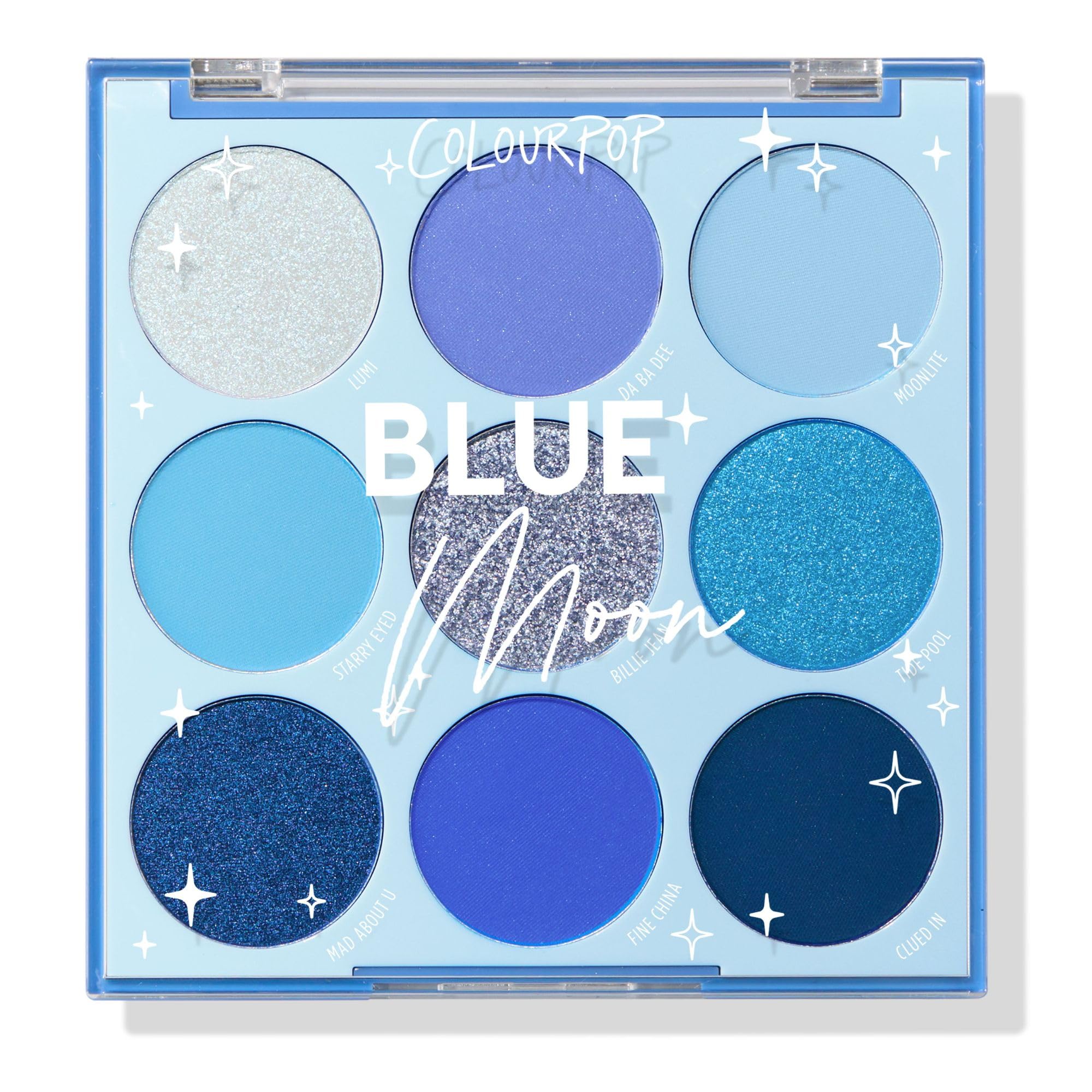 ColourPop Blue Moon Palette front view for bold blue eye looks.