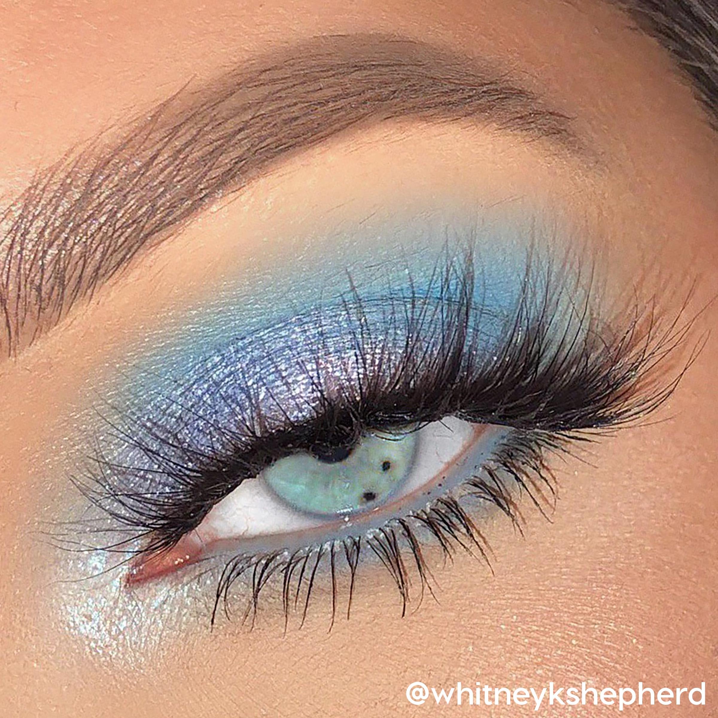 ColourPop Blue Moon on eyelid look demonstrates long-wearing color with minimal fading.