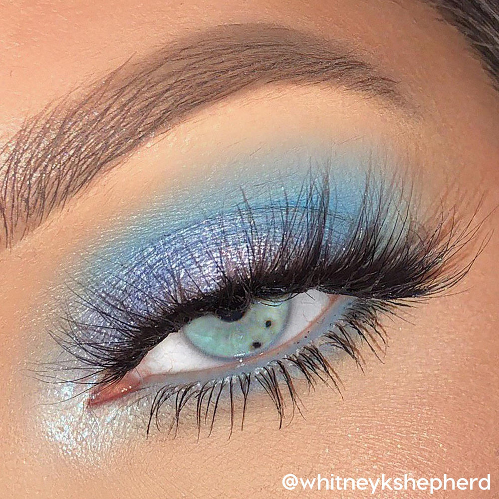 ColourPop Blue Moon on eyelid look demonstrates long-wearing color with minimal fading.