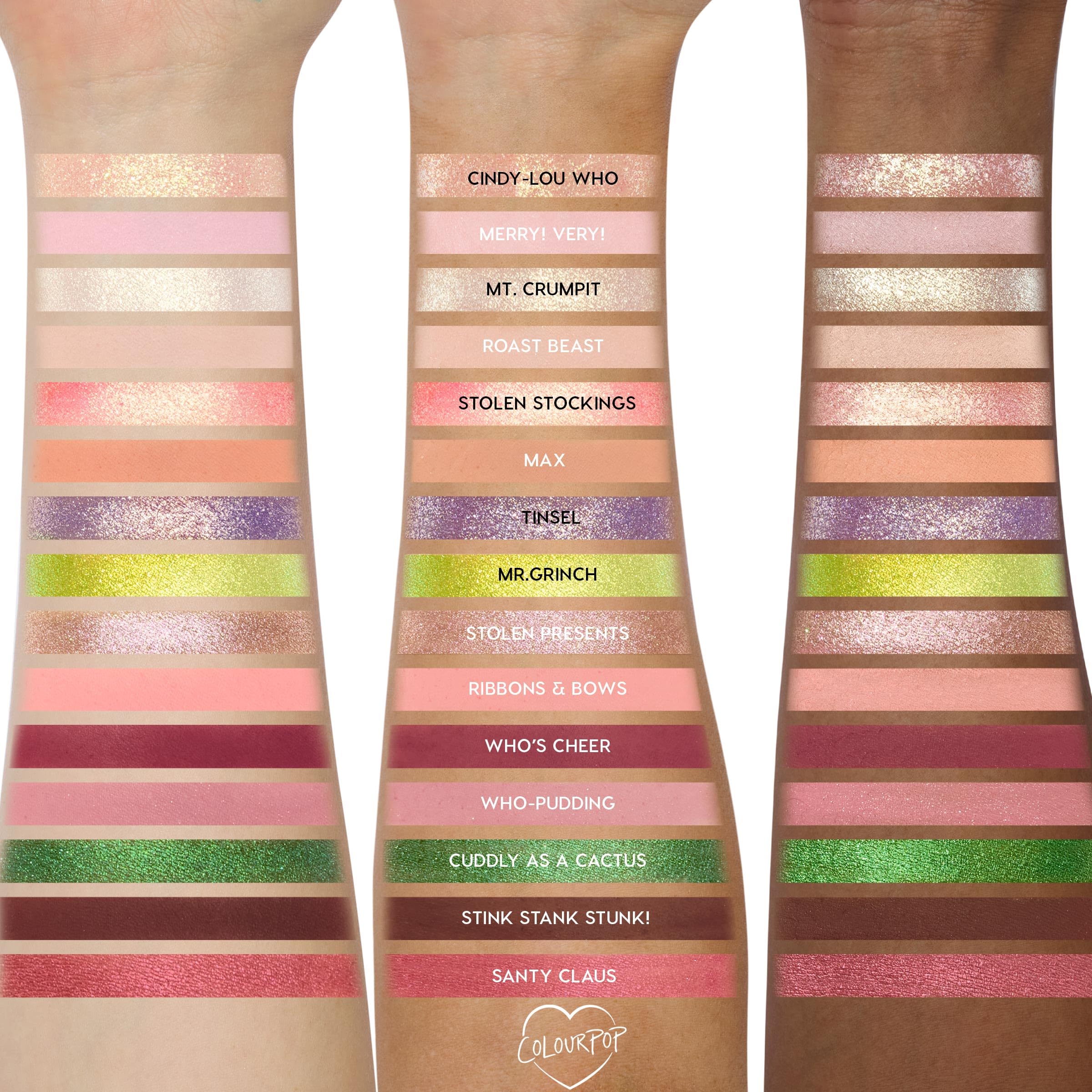 ColourPop Grinch palette color row highlights buildable greens for bold or subtle looks.