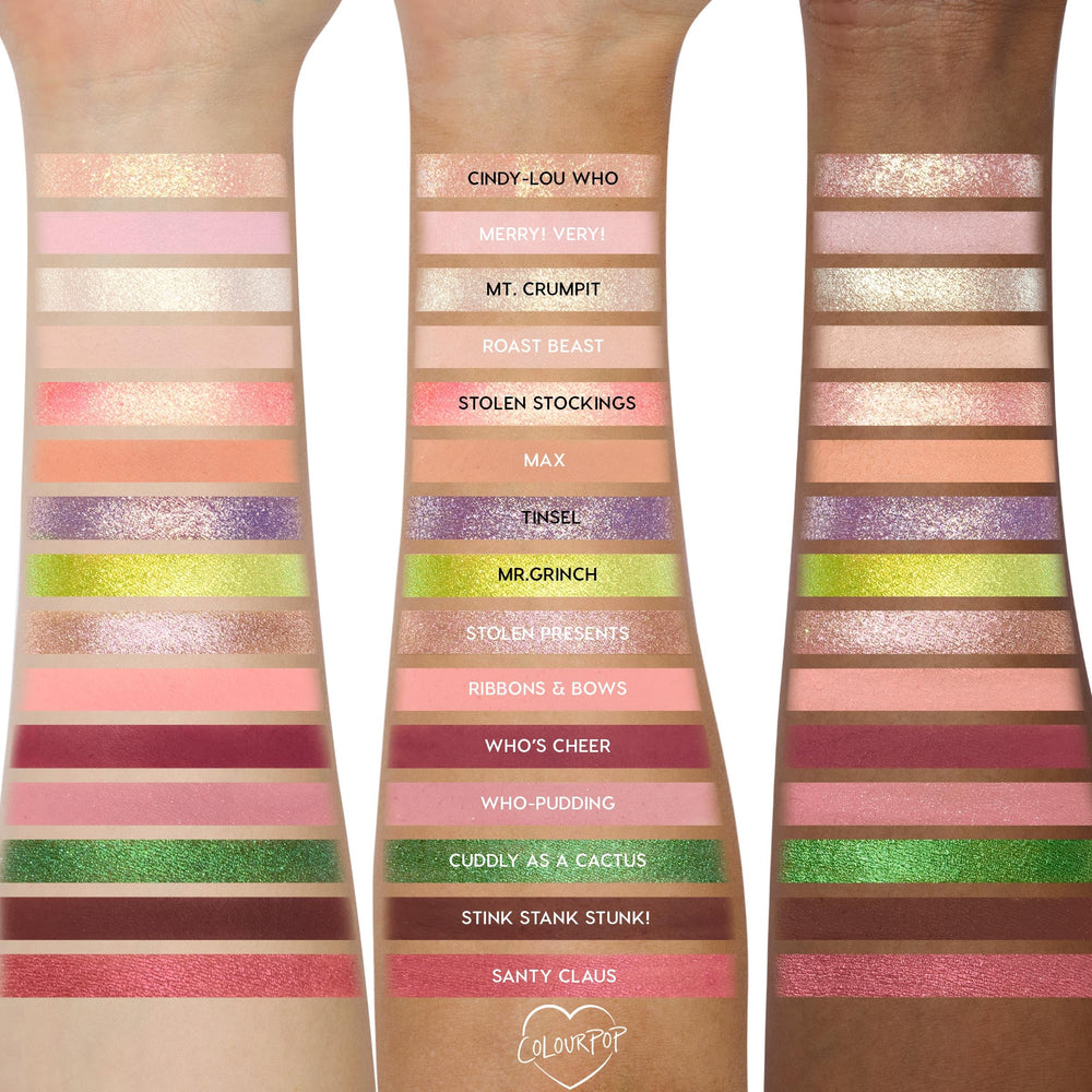 ColourPop Grinch palette color row highlights buildable greens for bold or subtle looks.