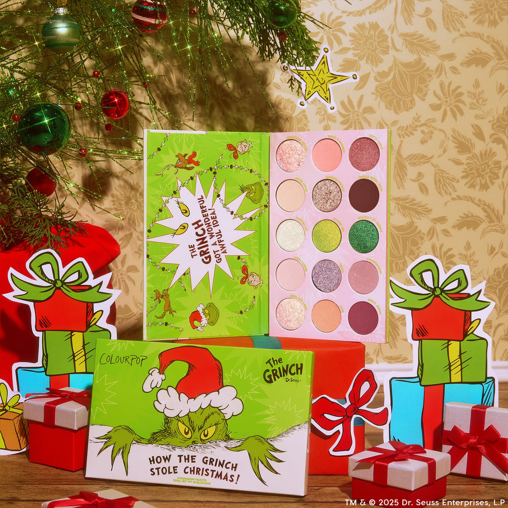 ColourPop Grinch limited edition box emphasizes collectible packaging and seasonal display.