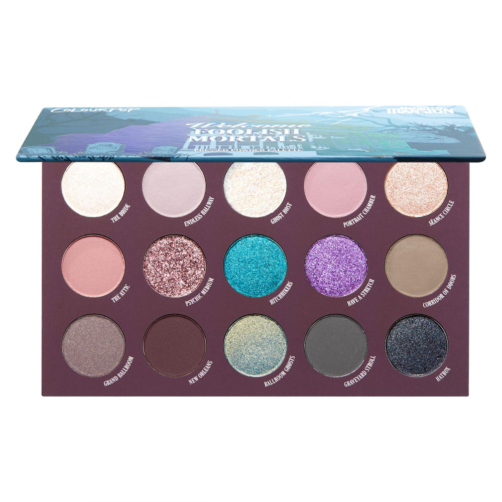 ColourPop Haunted Mansion Foolish Mortals palette front view for versatile ghostly glam looks