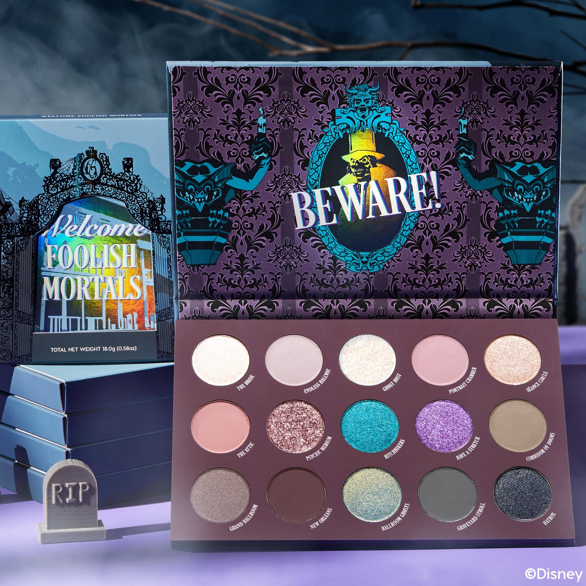 ColourPop Haunted Mansion Foolish Mortals pearlescent glitter shades create ethereal sparkle accents