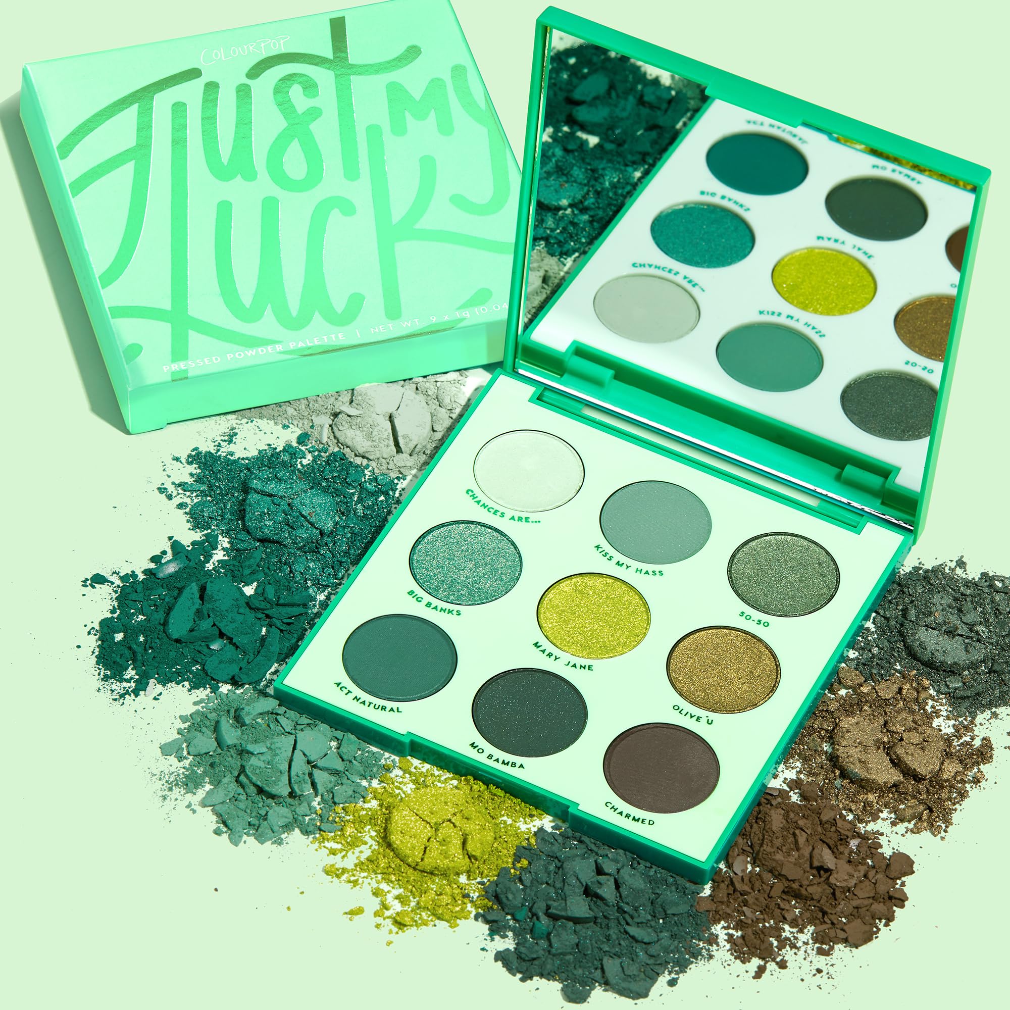 ColourPop Just My Luck matte greens for precise crease definition.