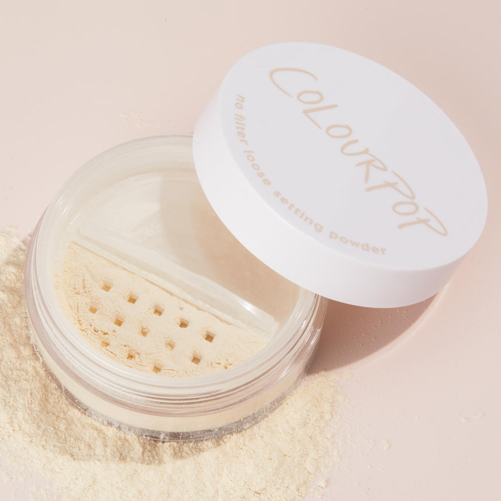 ColourPop No Filter Loose Setting Powder ultra-fine texture seen on skin for crease-free wear.