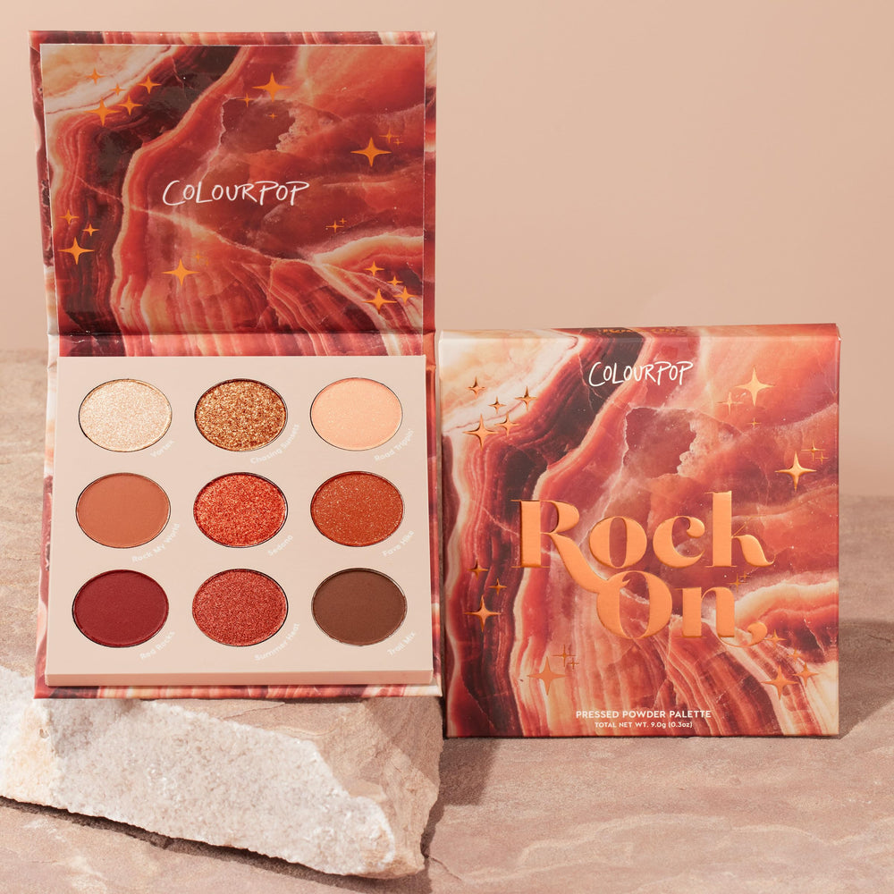 ColourPop Rock On Eyeshadow Palette application steps image shows using flat brushes for maximum color payoff