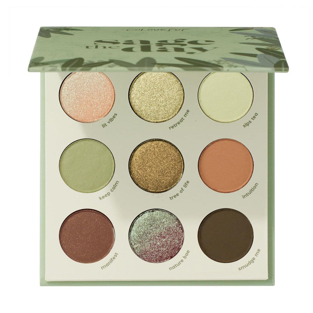 ColourPop Sage the Day palette top view shows versatile sage-olive shades for everyday looks.