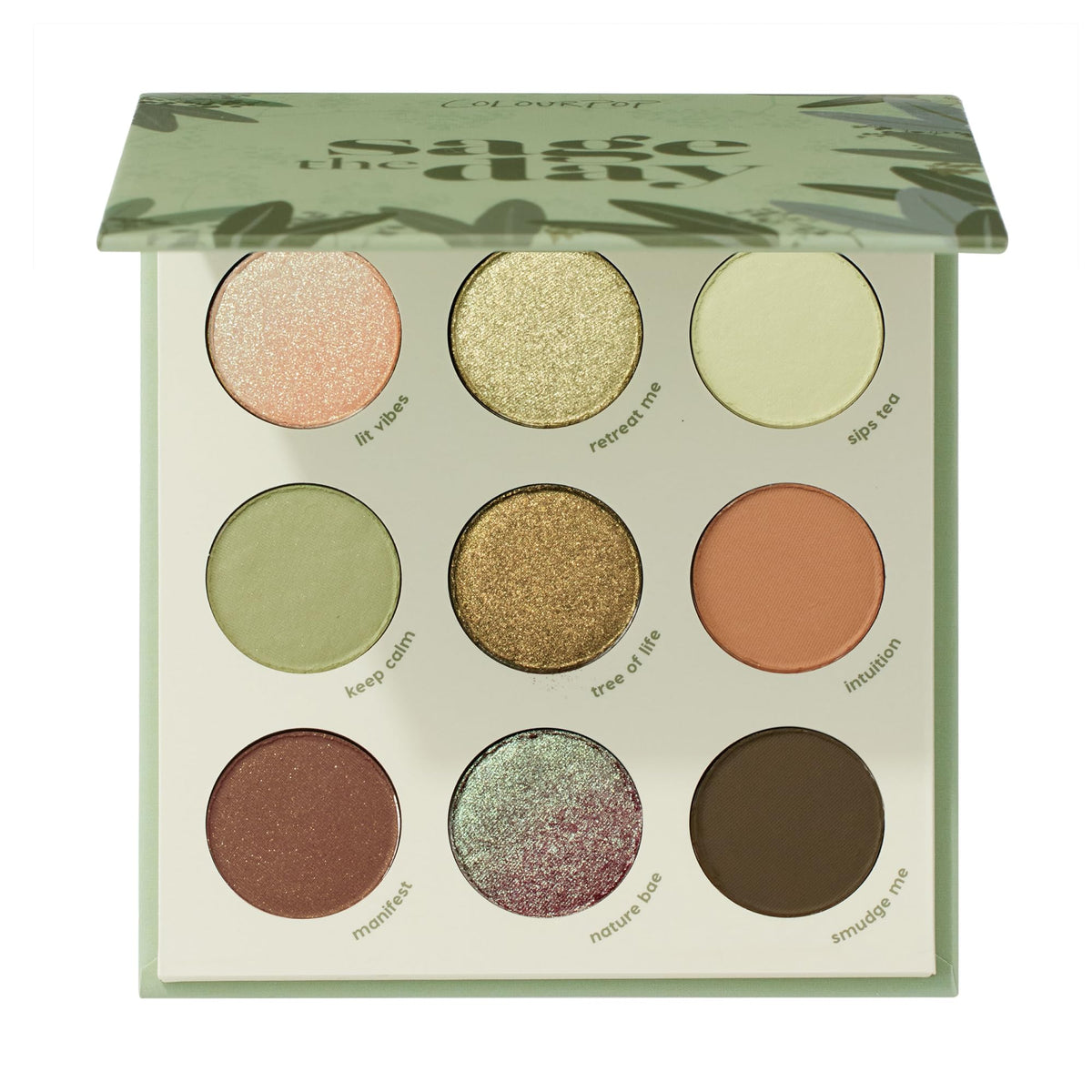 ColourPop Sage the Day palette top view shows versatile sage-olive shades for everyday looks.