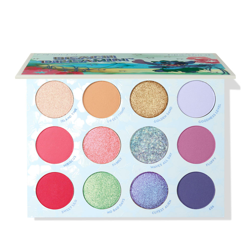 ColourPop Stitch Beach Dreamin palette box shows island inspired shades for day-to-night looks.