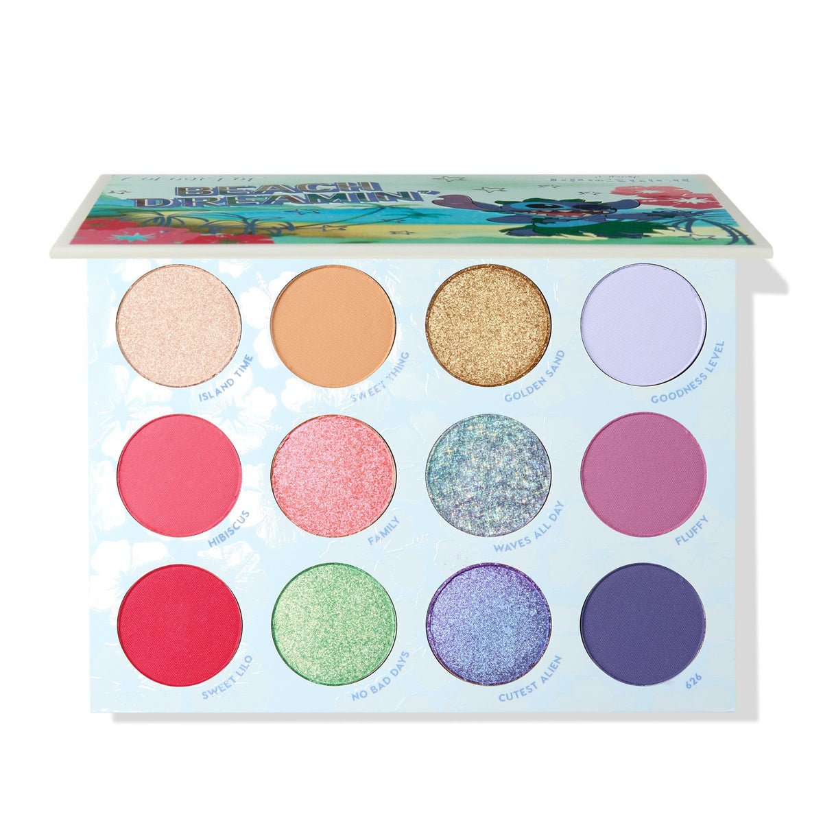 ColourPop Stitch Beach Dreamin palette box shows island inspired shades for day-to-night looks.