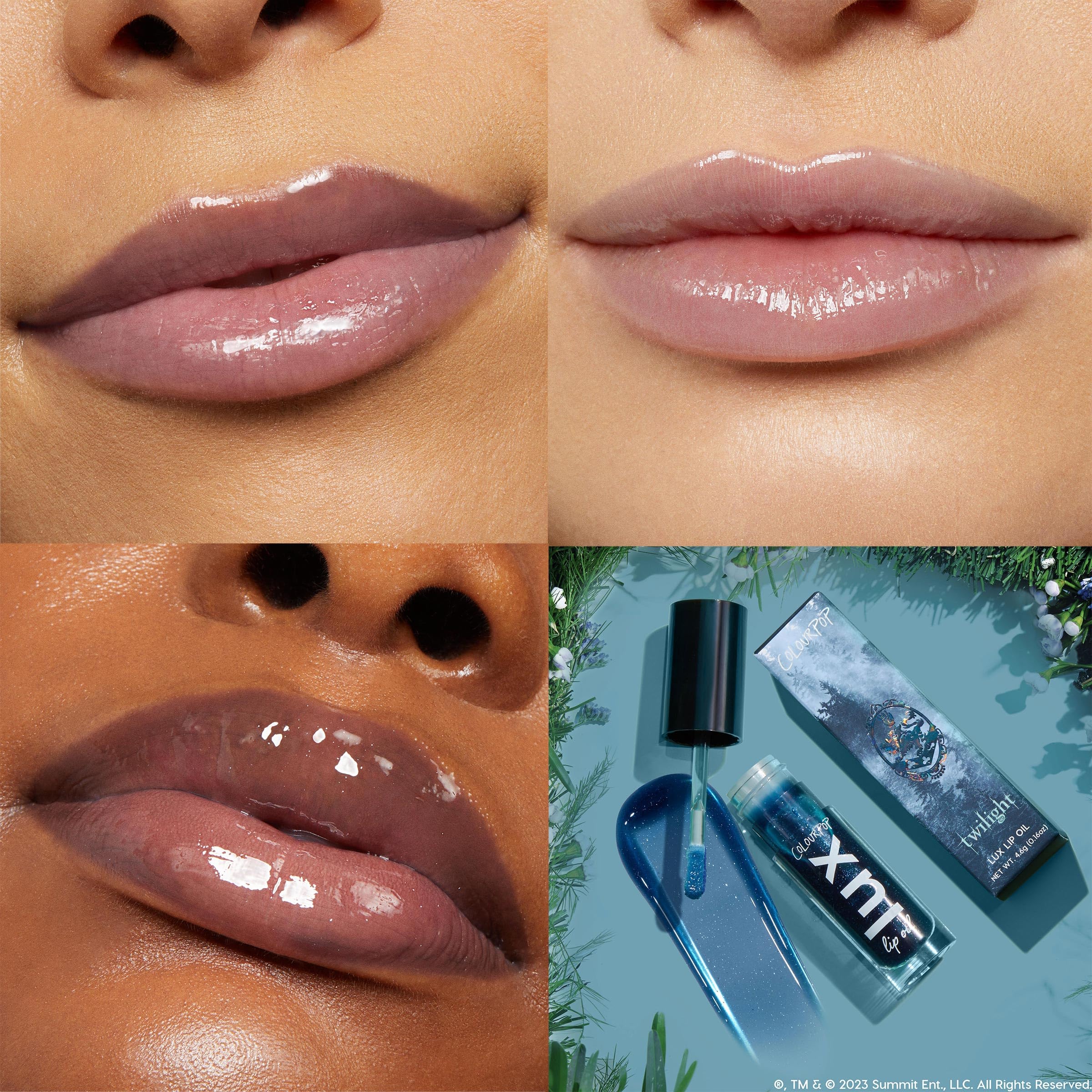 ColourPop Twilight Lux Lip Oil application shot highlights easy swipe-on shine.