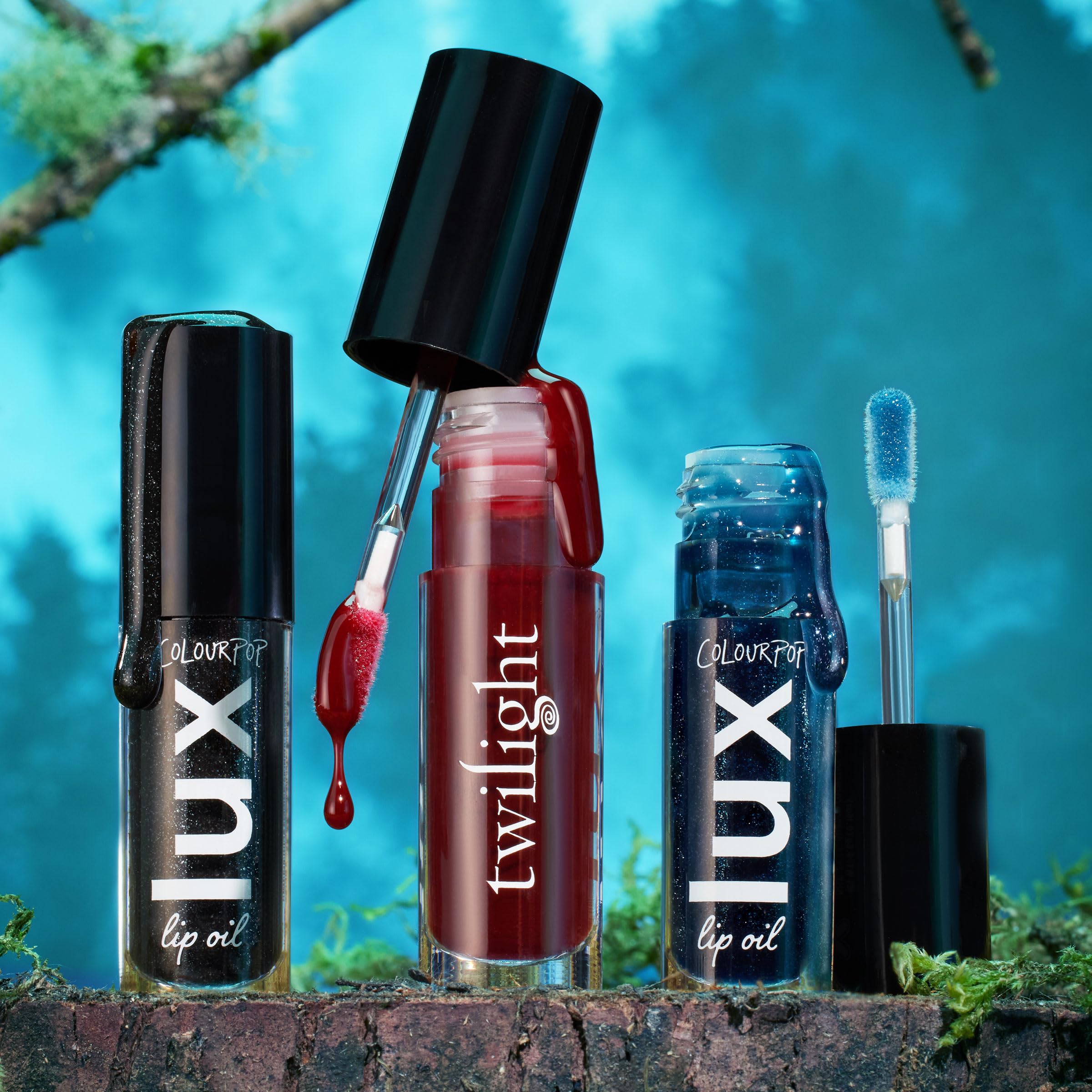 ColourPop Twilight Lux Lip Oil packaging closeup with cruelty-free California origins.