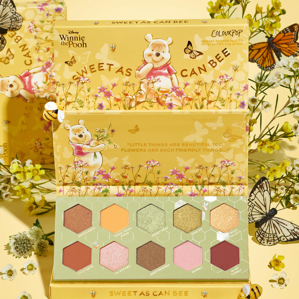 ColourPop Winnie the Pooh Sweet As Can Bee application guide highlights brush tips.