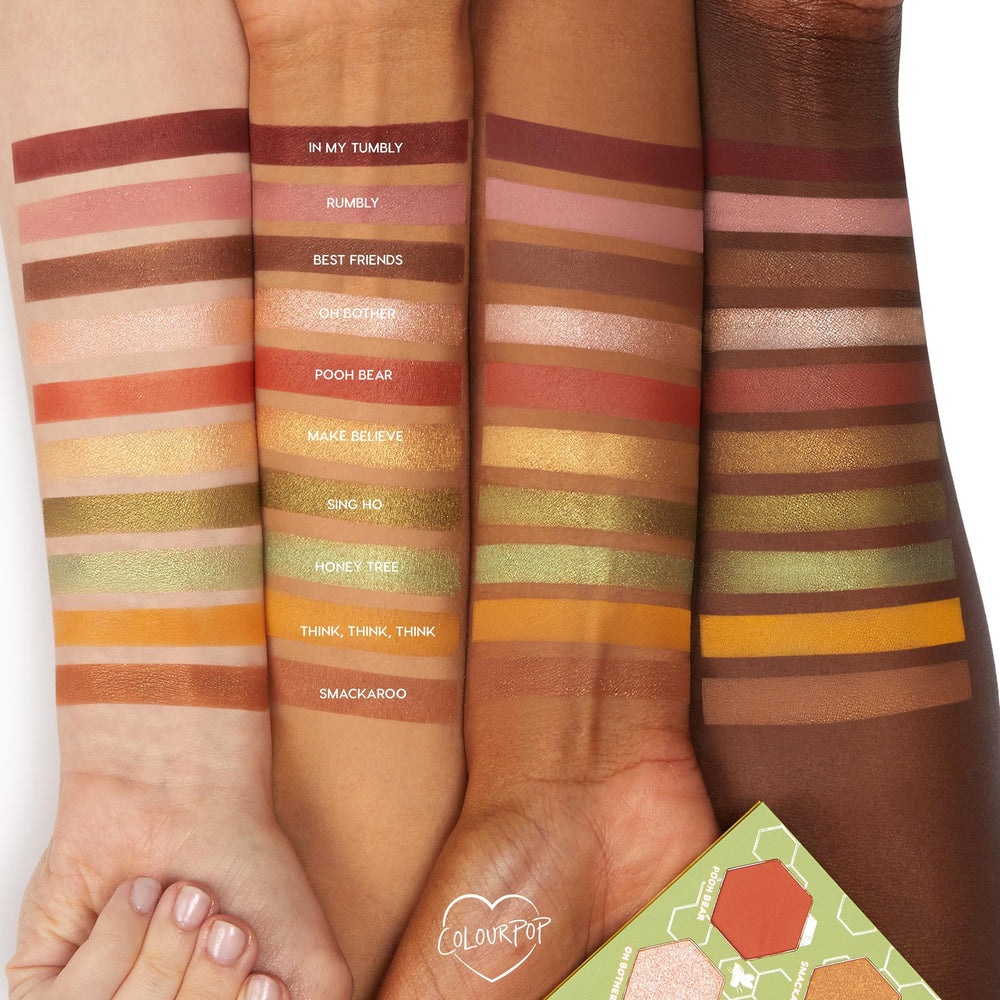 ColourPop Winnie the Pooh Sweet As Can Bee sparkle shade swatch shows texture variety.