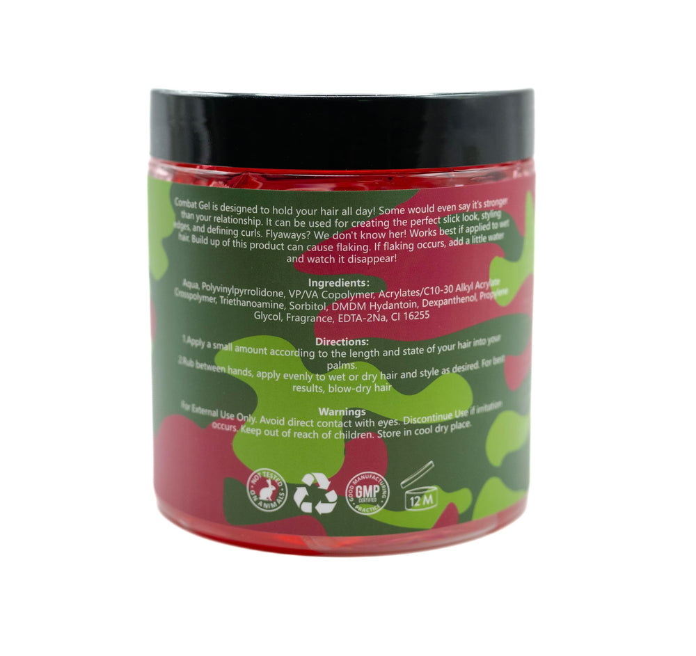 Combat Gel extreme hold slick-finish displays a polished high-hold look with no flaking