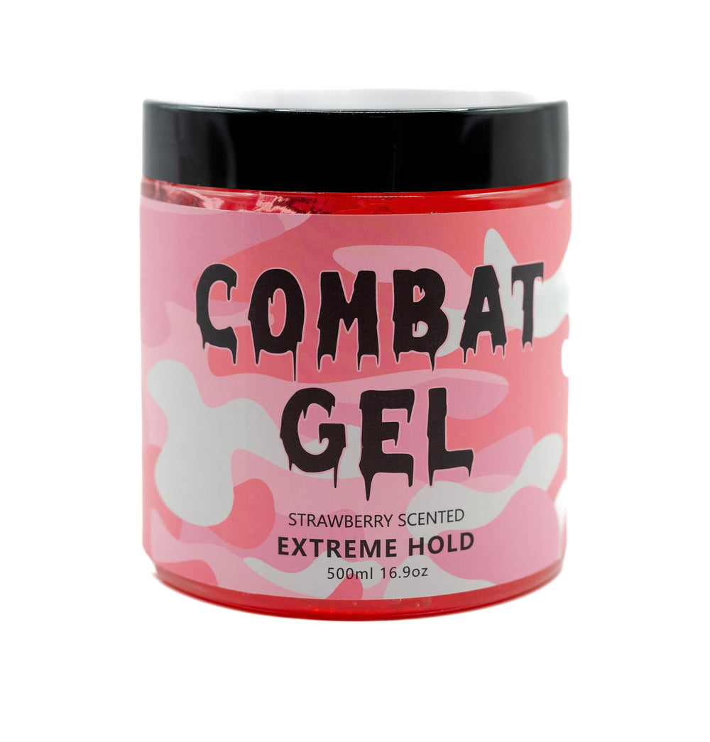 Combat Gel strawberry-scent dispenser highlights fruity aroma for easy styling.