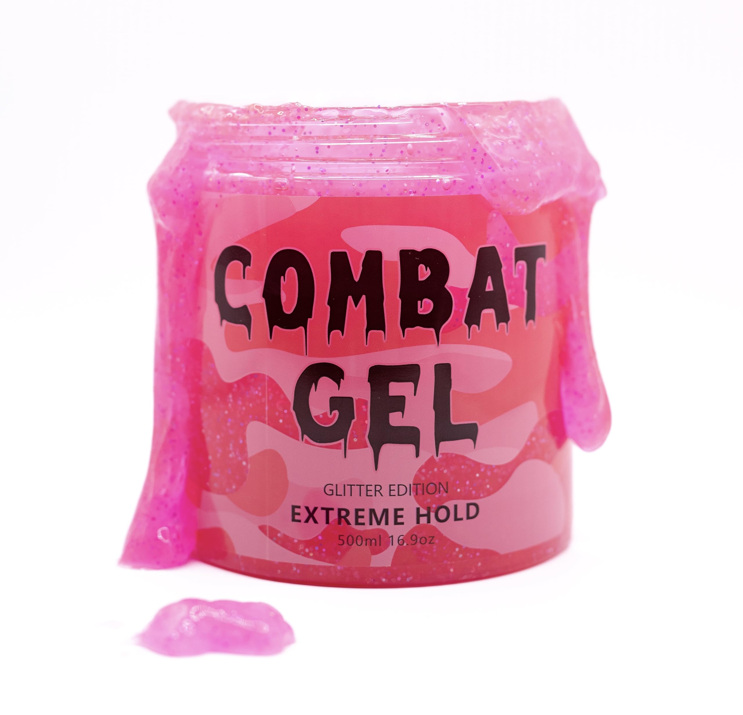 Combat Gel Glitter Extreme Hold label close-up highlights strawberry banana scent