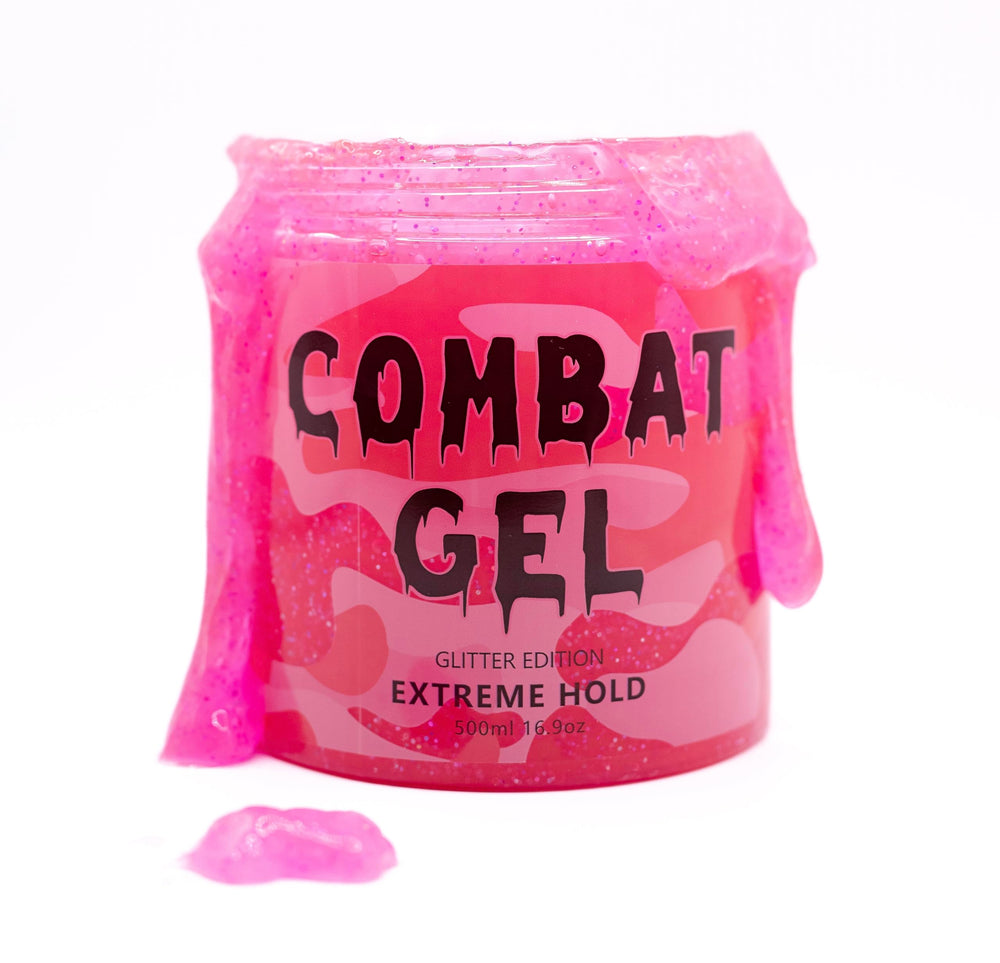Combat Gel Glitter Extreme Hold label close-up highlights strawberry banana scent