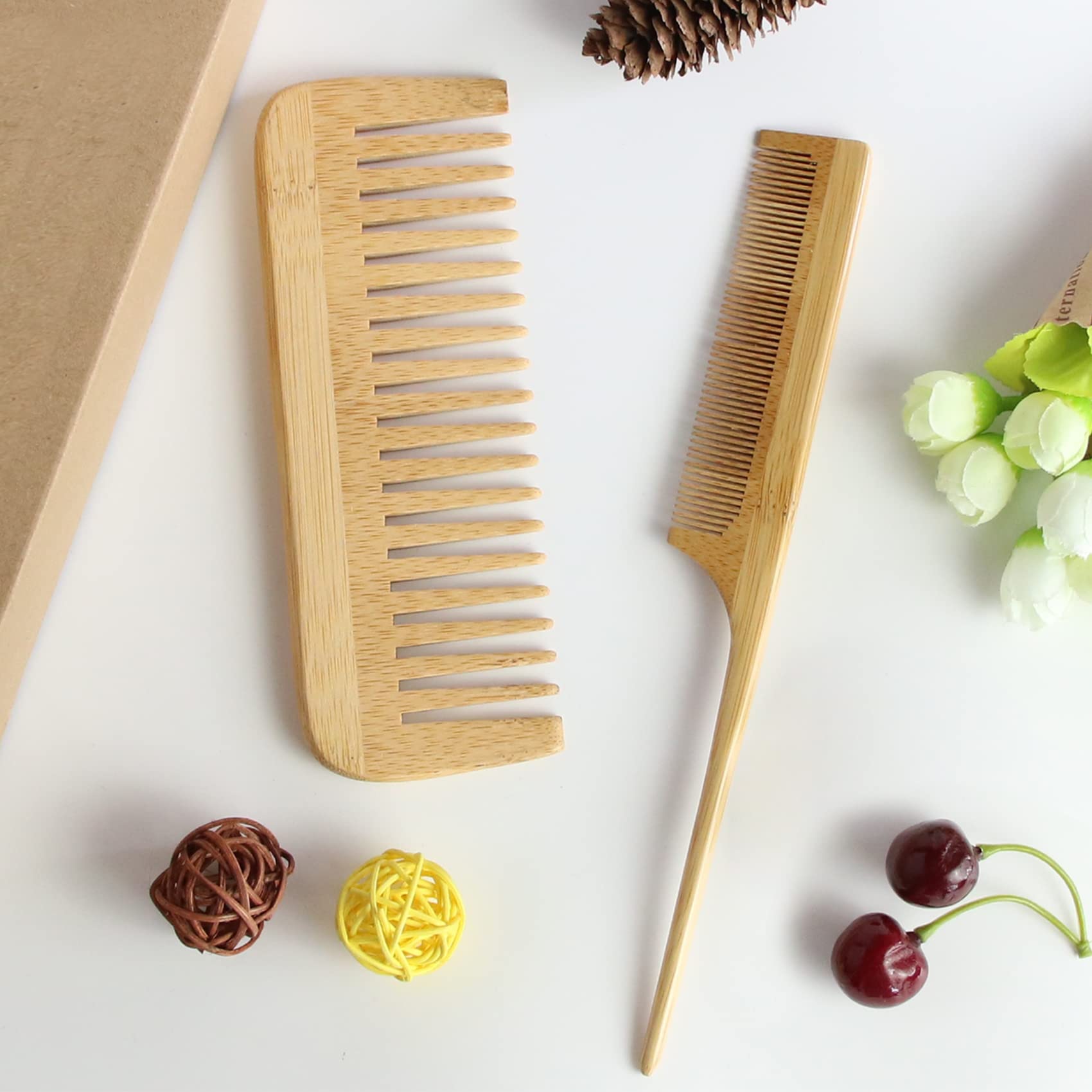 Combetter bamboo paddle brush with air-cushion massages the scalp.