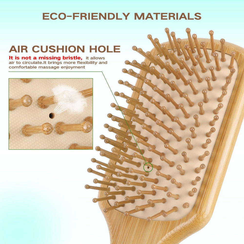 Combetter bamboo paddle brush with cushioned pins offers gentle scalp massage.