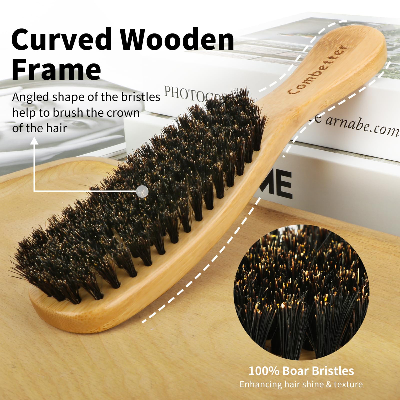 Combetter boar-bristle brush curved frame for effortless detangling.