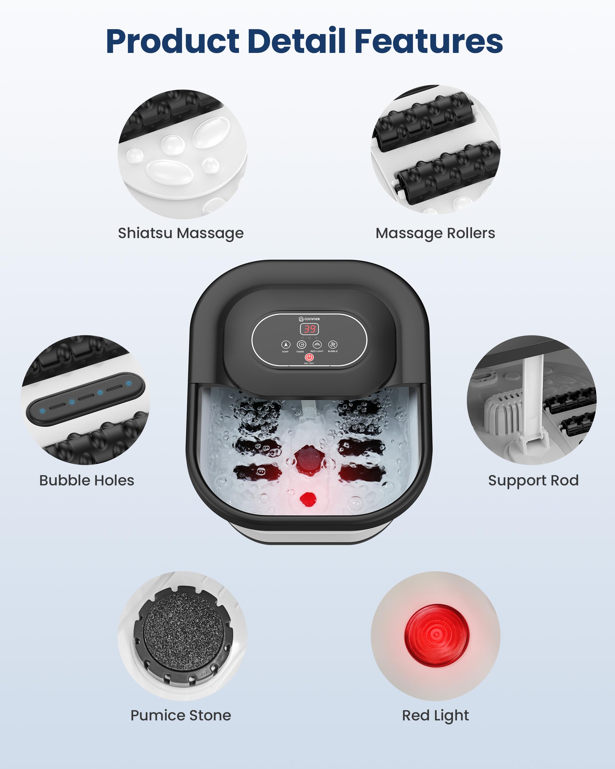 COMFIER shiatsu-rollers in foot spa offering deep-tissue relief.