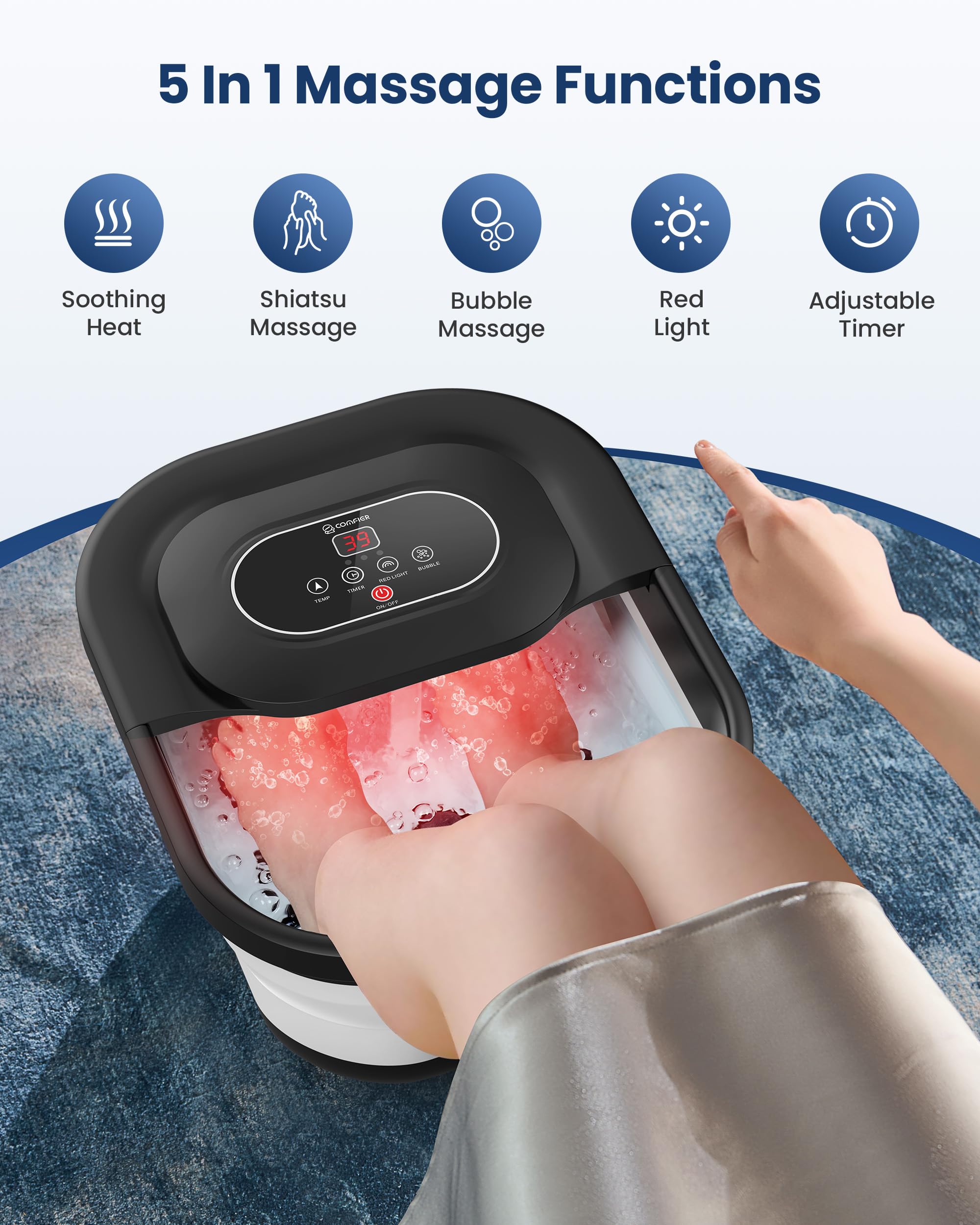COMFIER foot spa temperature controls showing adjustable heat settings for comfort.