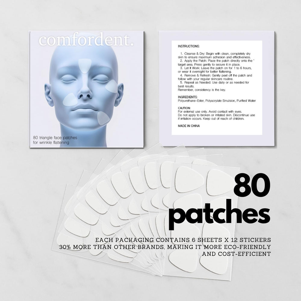 Comfordent smoothing triangle patches for frown-lines - gentle, invisible protection during sleep or day.