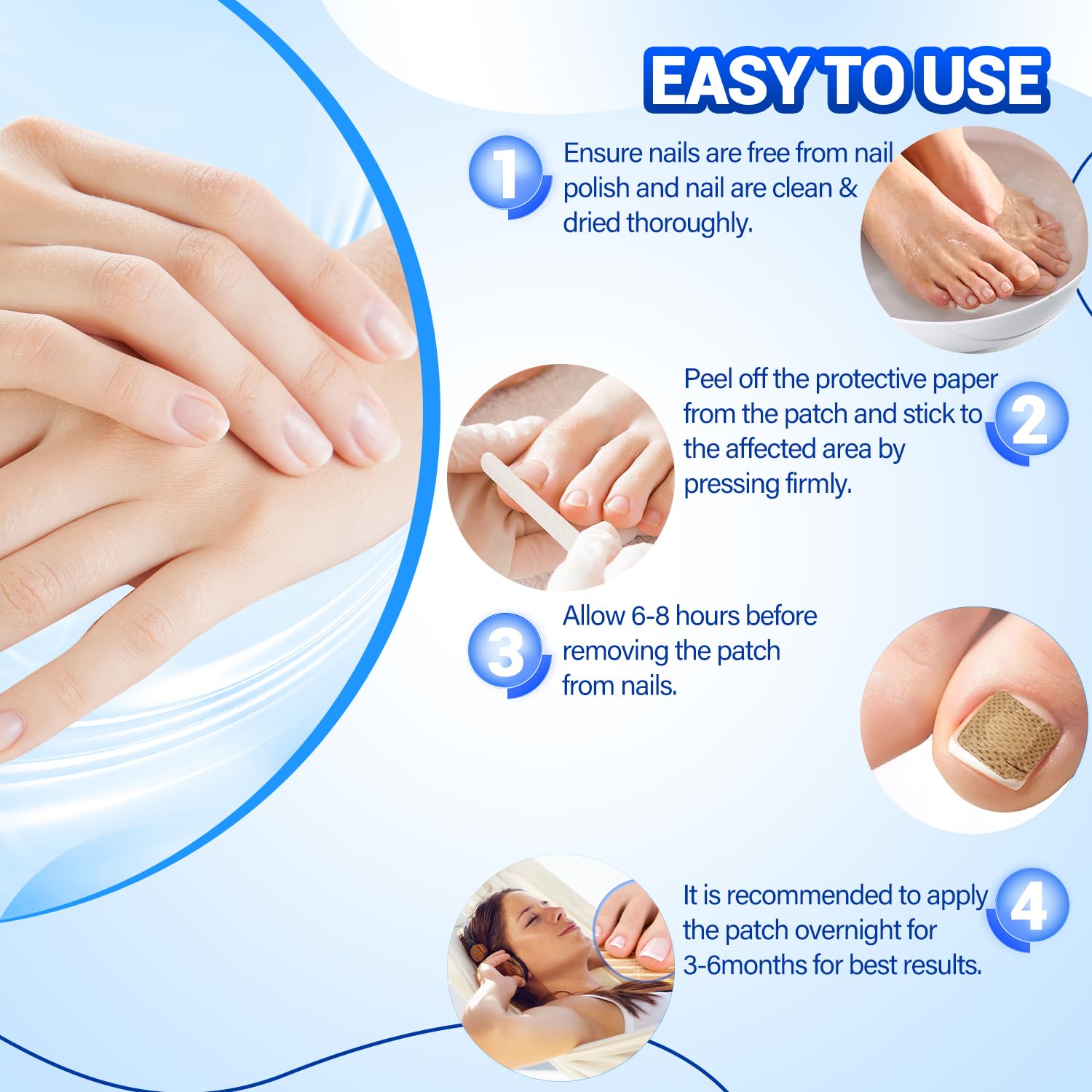 Comfort patches fit various nail sizes for versatile use.