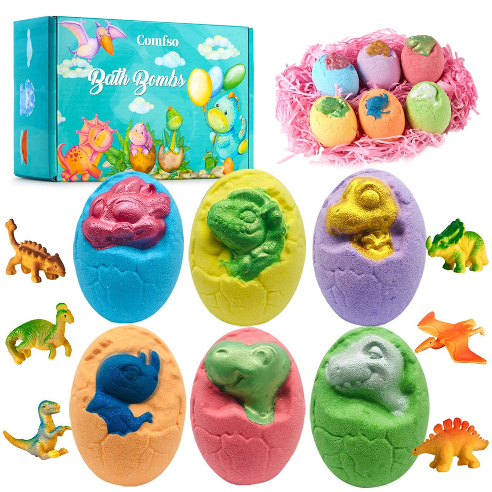 Comfso dino-eggs-bath-bomb-pack with six colorful shells for playful bath time