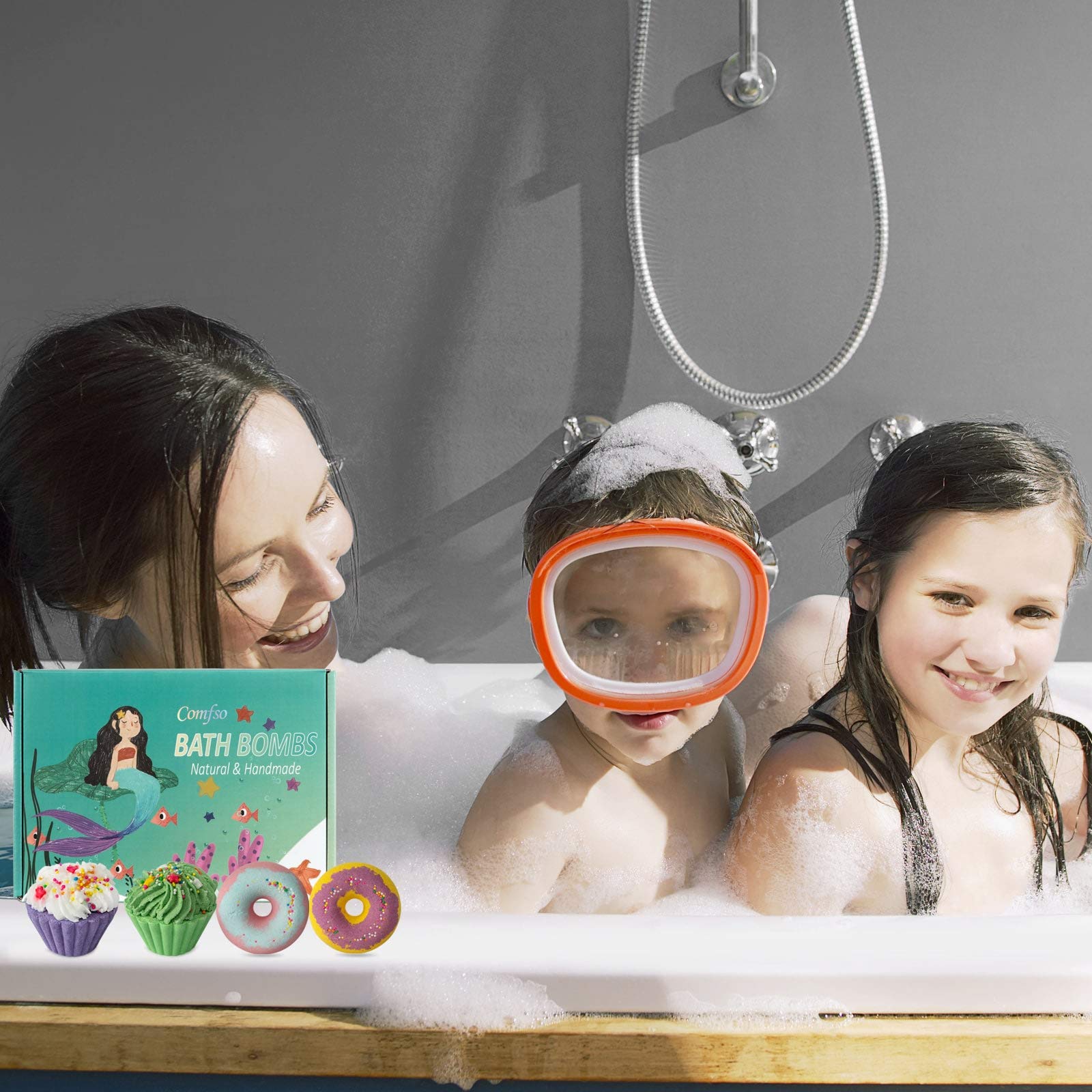 Comfso vegan, natural ingredients highlight a gentle, skin-nourishing bath experience.