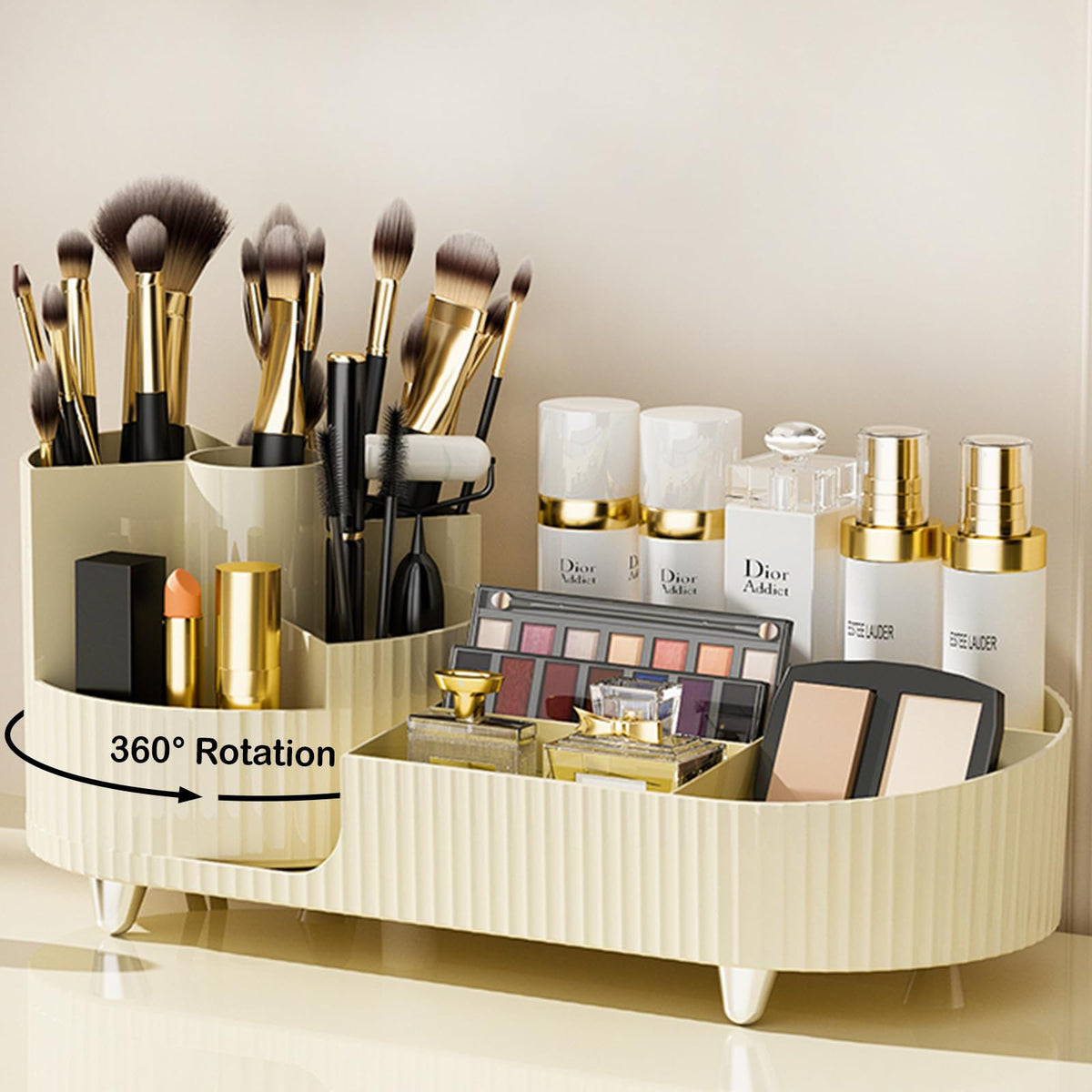 COMFYROOM 360° rotating vanity organizer with left brush compartments for easy access and organization