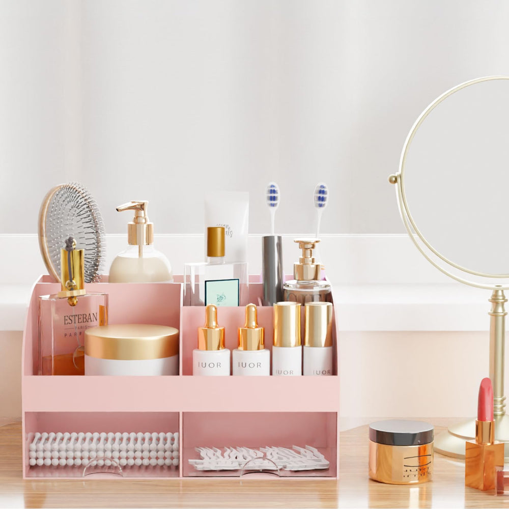 COMFYROOM bathroom countertop organizer keeps toothbrushes and toothpaste tidy.