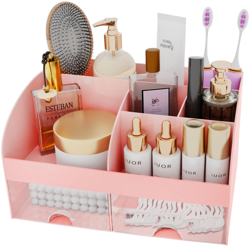 COMFYROOM dresser vanity organizer pink top view highlighting transparent drawers.