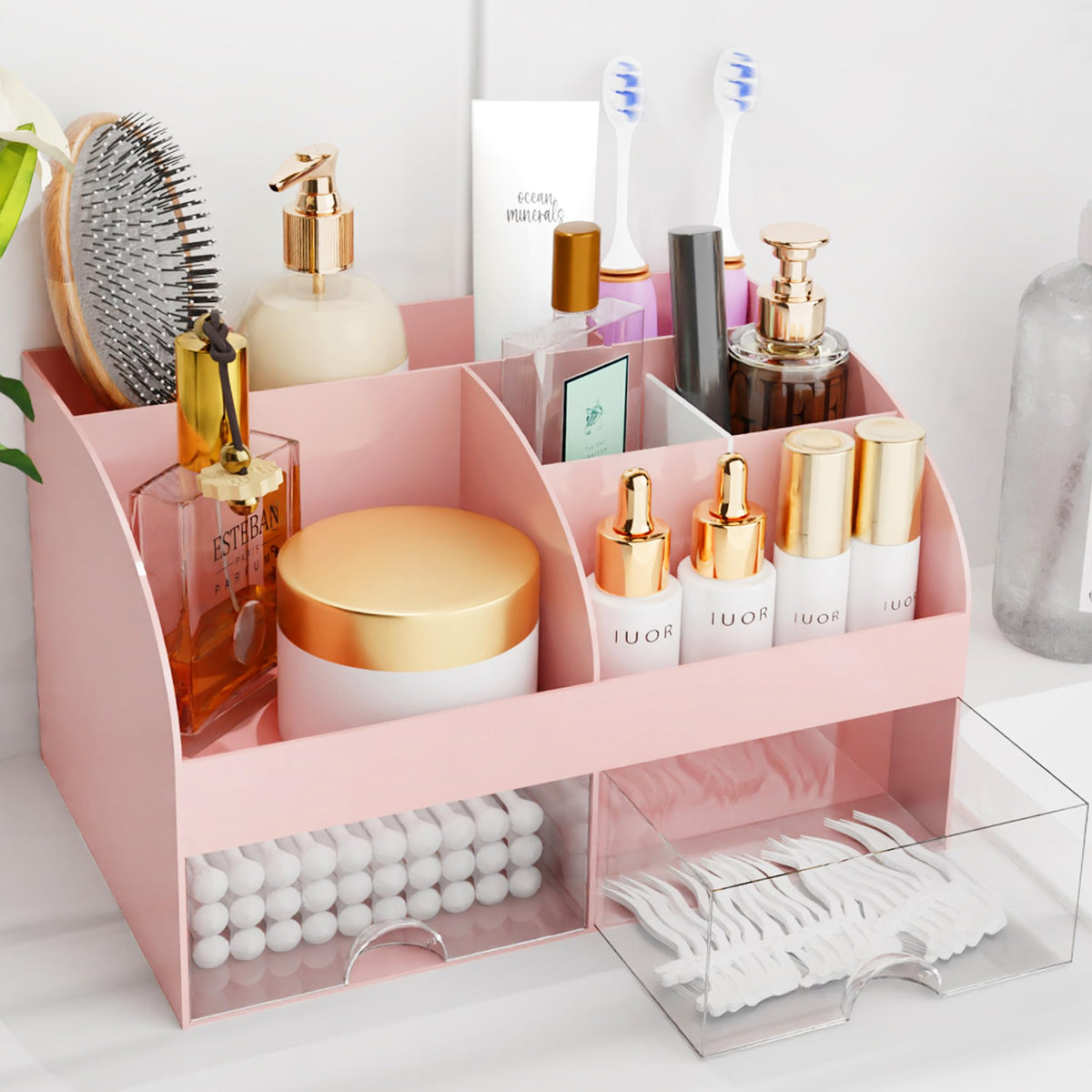 COMFYROOM makeup organizer pink front view showing compact storage for cosmetics.