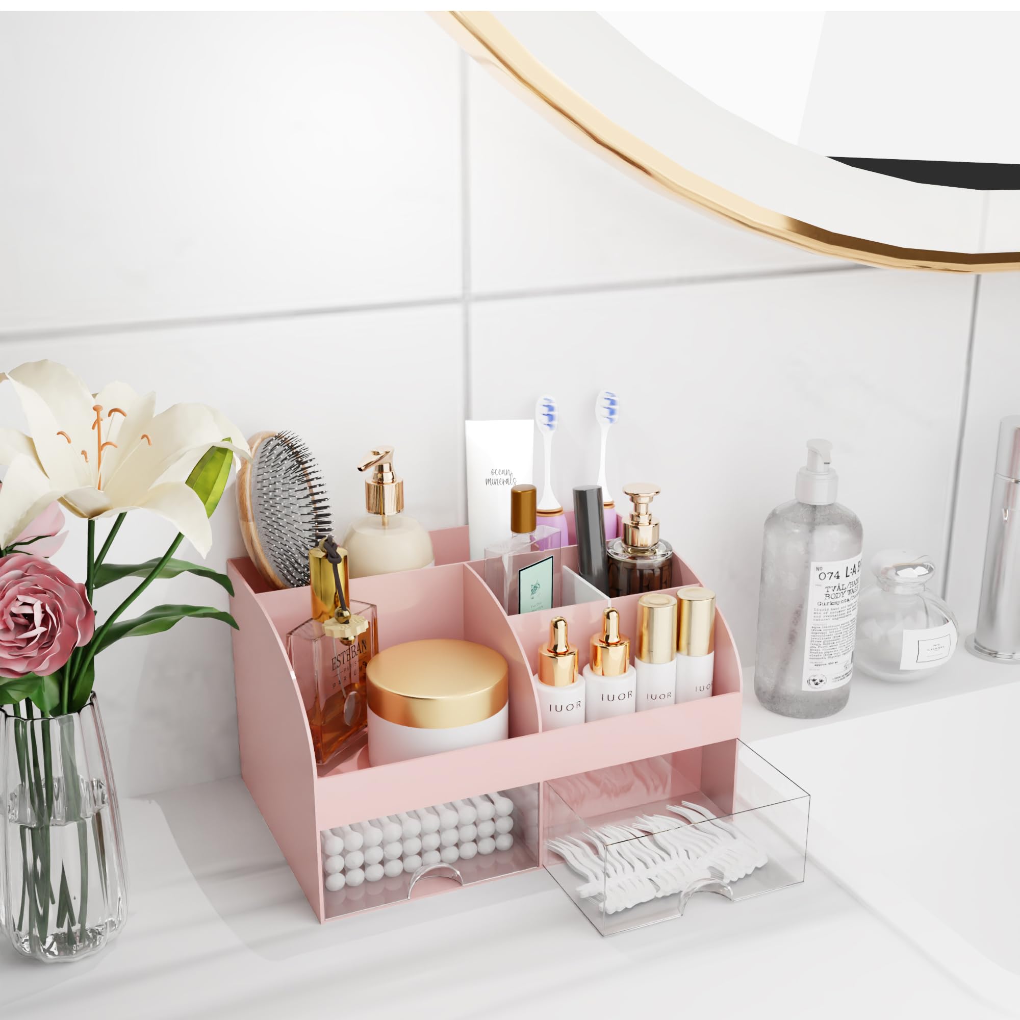 COMFYROOM nail polish and lipstick neatly organized on a compact vanity.